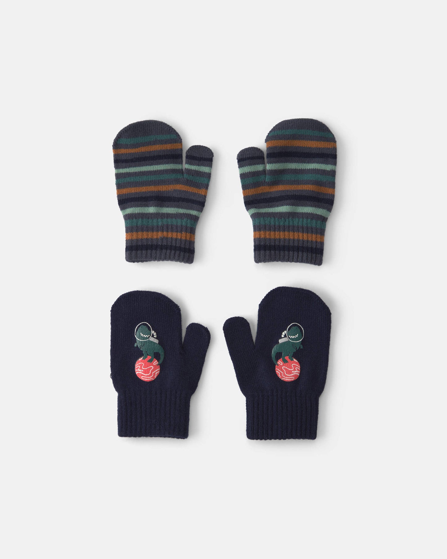 Toddler Boy 2-Pack Astronaut Dinosaur Striped Mittens - Black/Blue