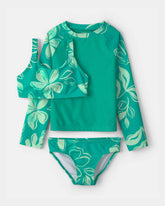 Girls 3-Piece Floral Rashguard Swimsuit Set - Green