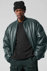 Faux Leather Premier Bomber - Charcoal Green