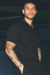 Linen Jersey Coastal Short Sleeve Polo - Black