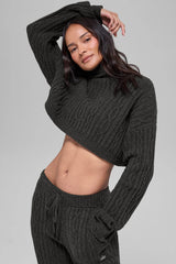 Cable Knit Cropped Winter Bliss Turtleneck Long Sleeve - Dark Heather Grey