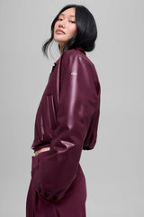 Faux Leather Cropped Premier Bomber - Burgundy