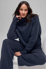 Wool Cashmere Cropped New Class Turtleneck Sweater - Navy
