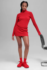 Denim Knit High-Waist Skirt - Bright Red