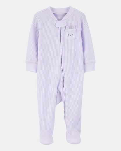 Baby Girl Bunny 2-Way Zip Ribbed Sleep & Play Pajamas - Purple