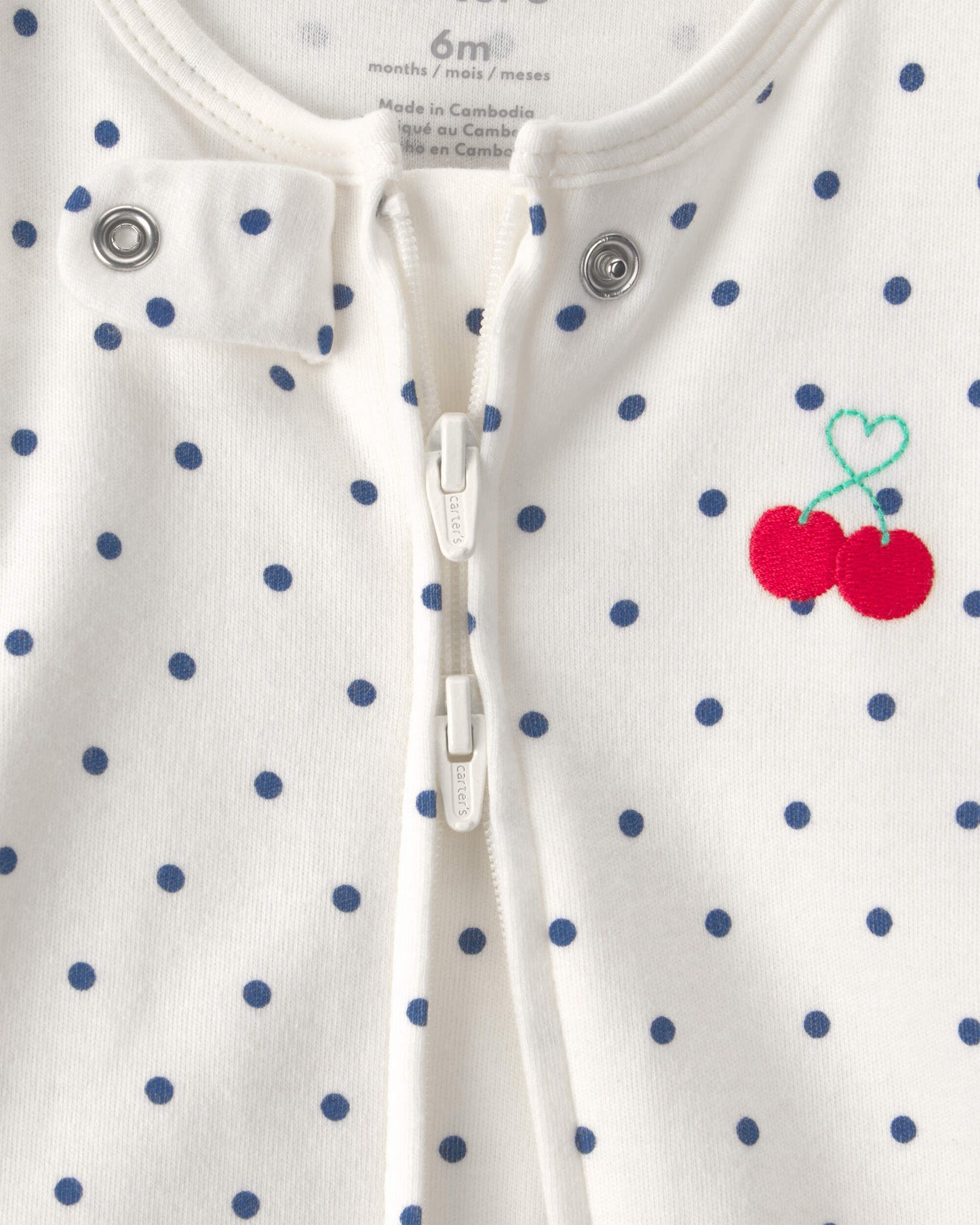 Baby Girl Cherry 2-Way Zip 100% Cotton Sleep & Play Pajama - White