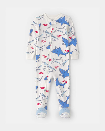 Toddler Boy Shark 100% Cotton Snug Fit 1-Piece Footie Pajama - Ivory