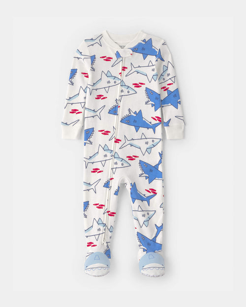 Toddler Boy Shark 100% Cotton Snug Fit 1-Piece Footie Pajama - Ivory