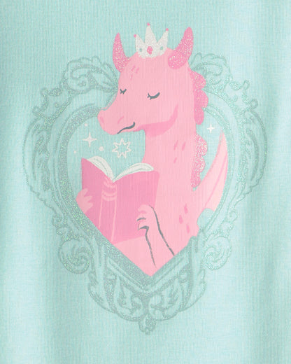 Toddler Girl Fairy Tale Dragon 100% Cotton Short-Sleeve Snug Fit 4-Piece Pajama Set - Blue/Ivory
