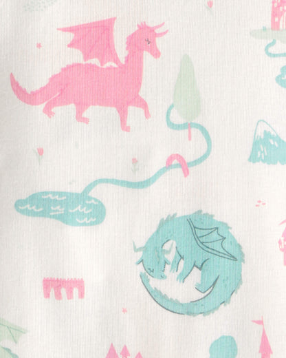 Toddler Girl Fairy Tale Dragon 100% Cotton Short-Sleeve Snug Fit 4-Piece Pajama Set - Blue/Ivory