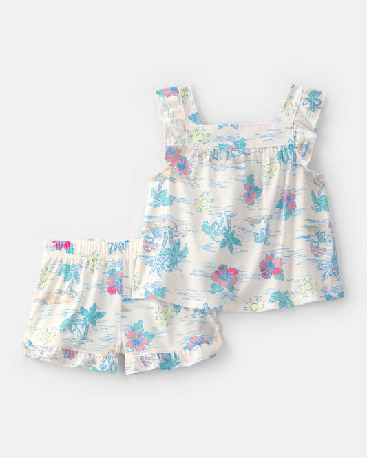 Toddler Girl Tropical Beach Sleeveless Loose Fit 2-Piece Pajama Set - Ivory/Green