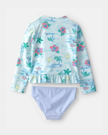 Toddler Girl 2-Piece Tropical Beach Rashguard Swimsuit Set - Blue/Purple