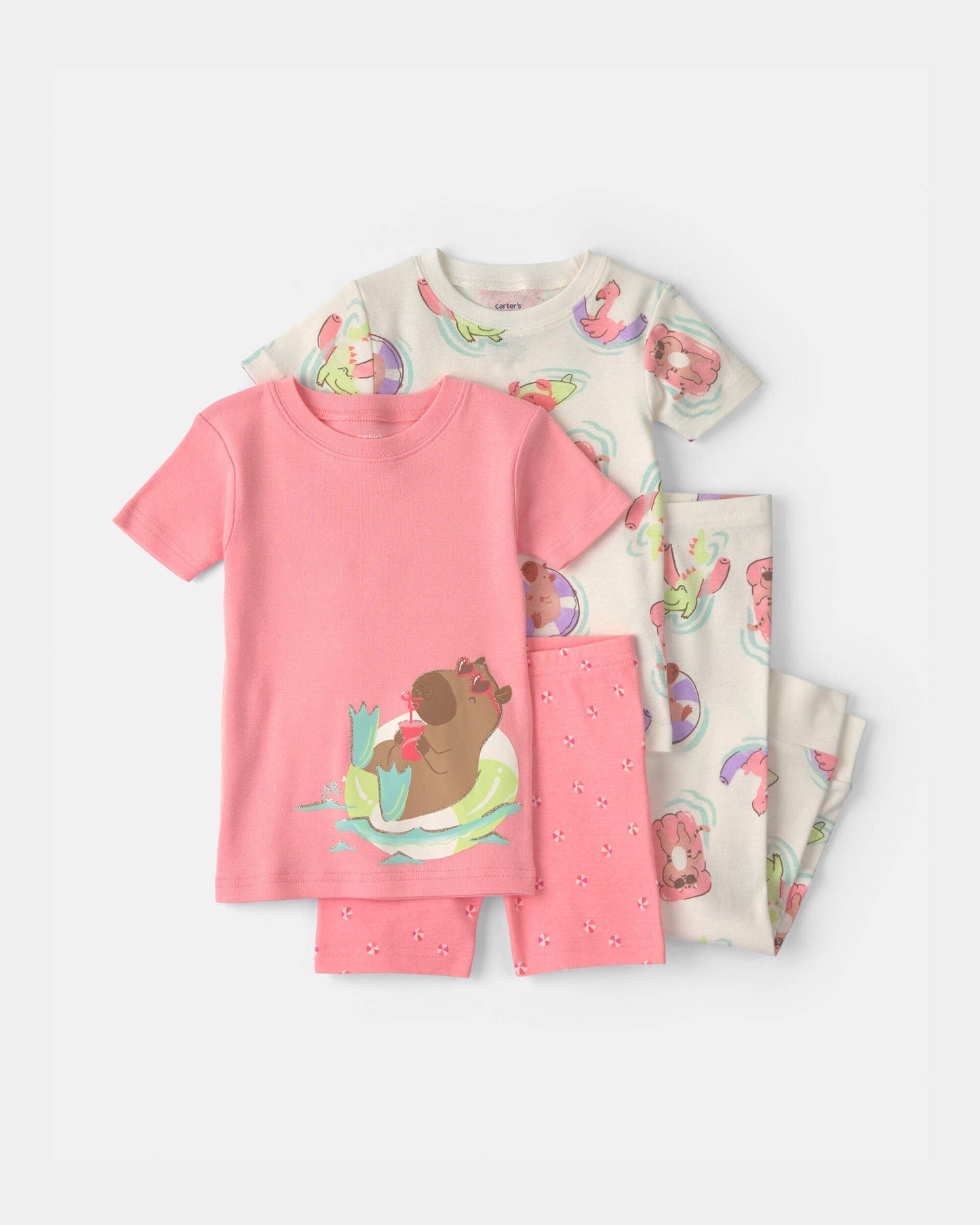 Toddler Girl Pool Party 100% Cotton 4-Piece Pajama Set - Pink/Ivory