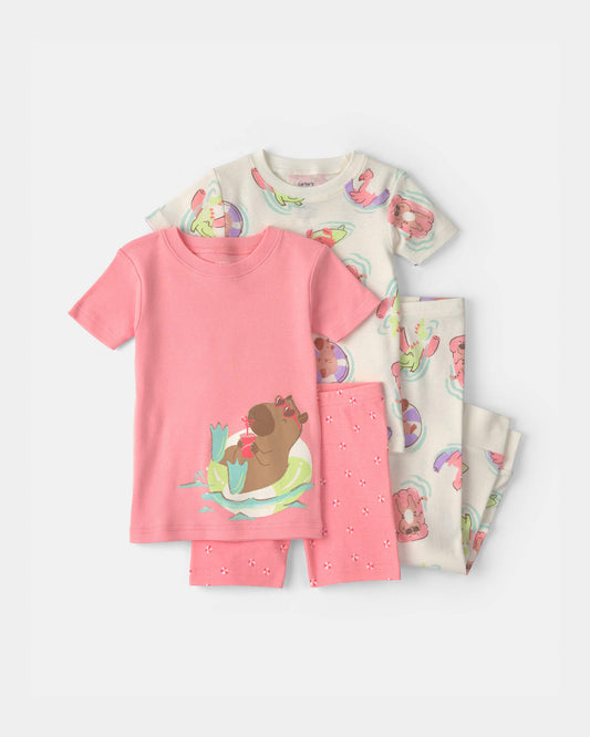 Toddler Girl Pool Party 100% Cotton 4-Piece Pajama Set - Pink/Ivory