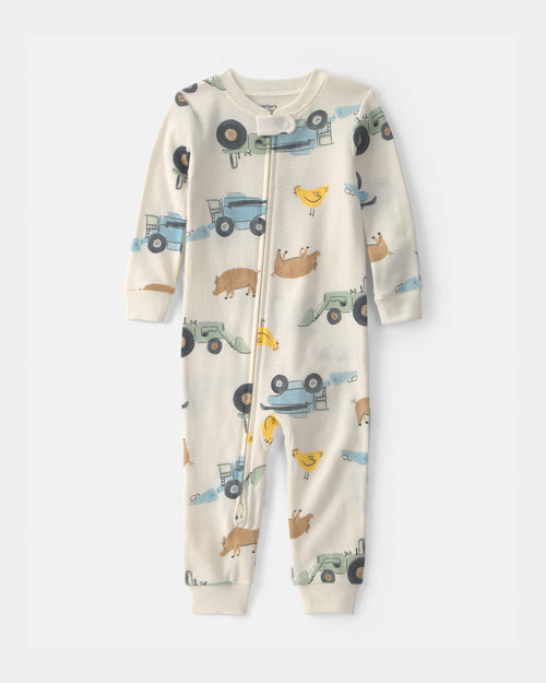 Toddler Boy Farm 100% Cotton 1-Piece Pajama - Cream