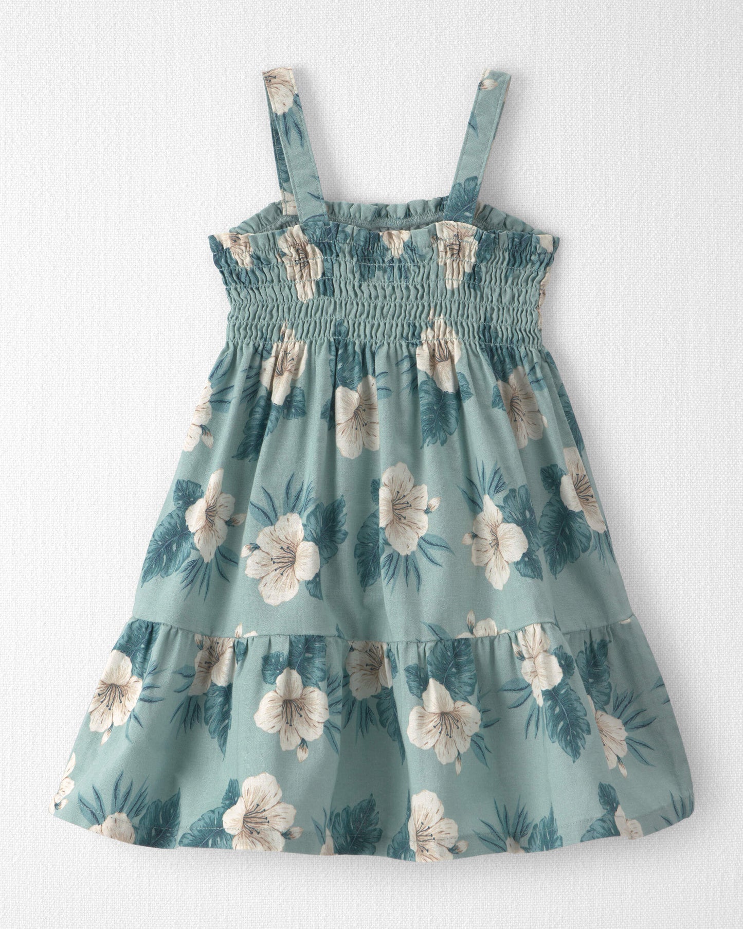 Toddler Girl Smocked Linen Dress Made with Organic Cotton in Blue Hibiscus