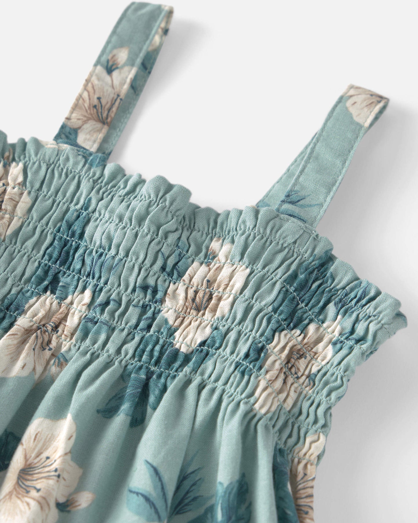 Toddler Girl Smocked Linen Dress Made with Organic Cotton in Blue Hibiscus