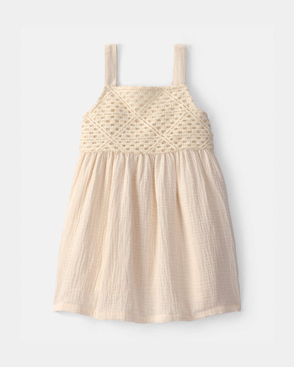 Toddler Girl Crochet Gauze Dress - Ivory
