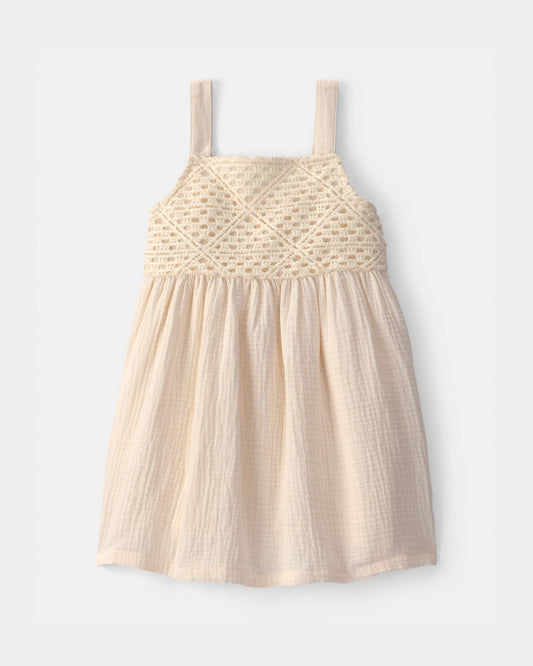 Toddler Girl Crochet Gauze Dress - Ivory