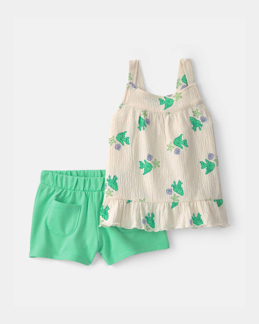 Toddler Girl 2-Piece Fish Ruffle Top & Short Set - Green/Ivory