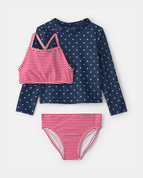Toddler Girl 3-Piece American Flag Rashguard Swimsuit Set - Red/White/Blue