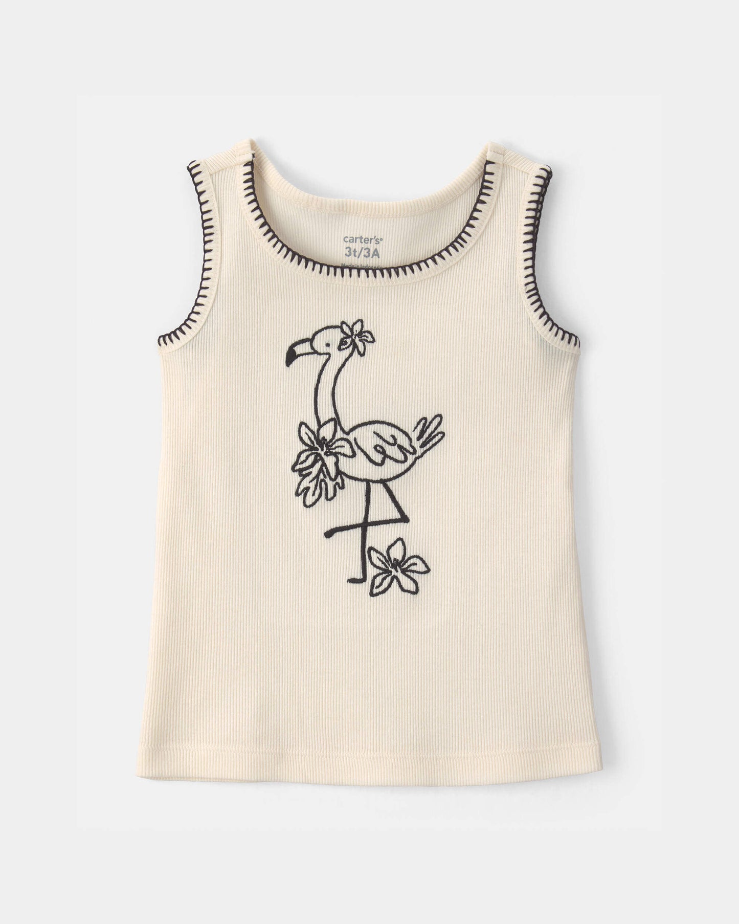 Toddler Girl Flamingo Embroidered Rib Tank Top - Ivory