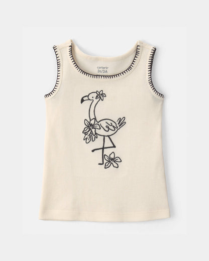Toddler Girl Flamingo Embroidered Rib Tank Top - Ivory