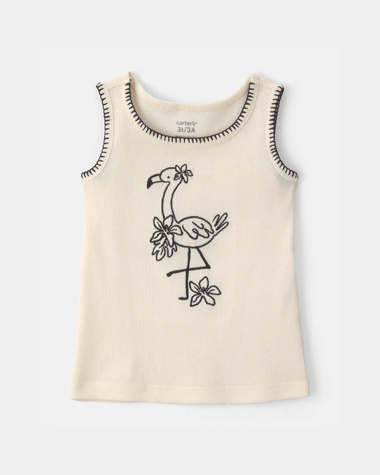Toddler Girl Flamingo Embroidered Rib Tank Top - Ivory
