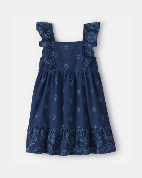 Toddler Girl Floral Ruffle-Sleeve Dress - Navy