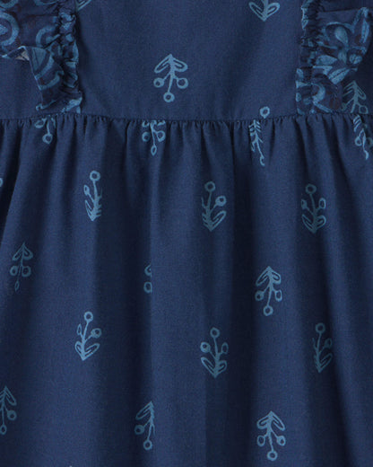 Toddler Girl Floral Ruffle-Sleeve Dress - Navy