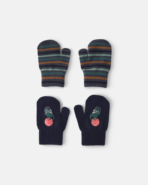 Toddler Boy 2-Pack Astronaut Dinosaur Striped Mittens - Black/Blue