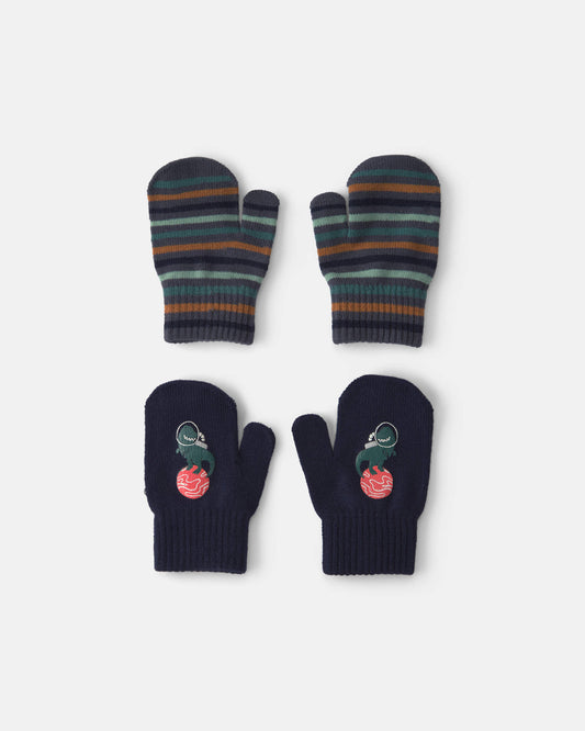 Toddler Boy 2-Pack Astronaut Dinosaur Striped Mittens - Black/Blue