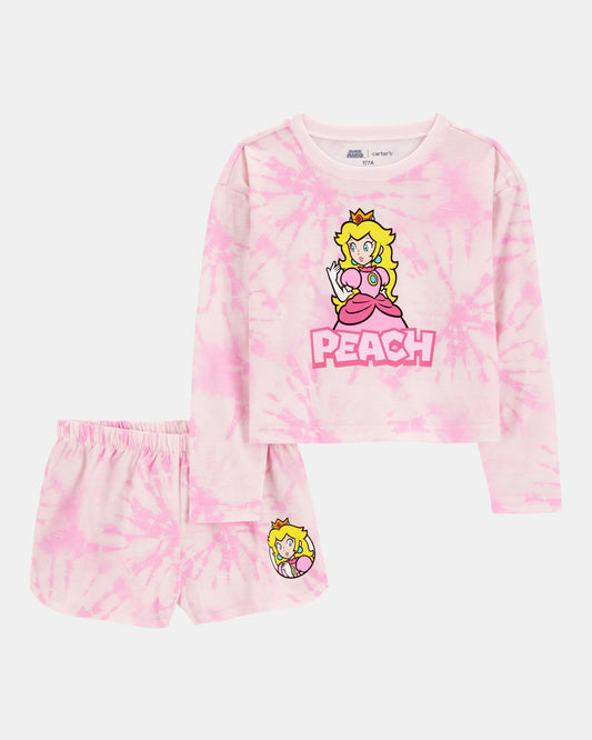 Kid Super Mario Bros™ Princess Peach Print Loose Fit 2-Piece Pajamas - Pink