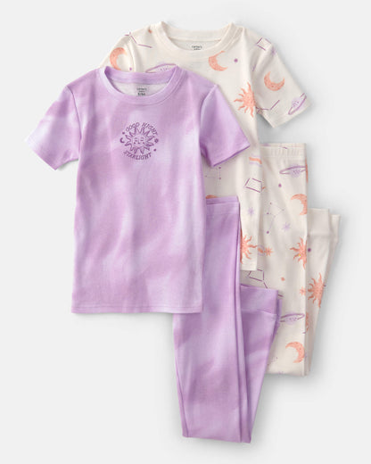 Girls Space Constellation Tie-Dye 100% Cotton Snug Fit 4-Piece Pajama Set - Purple