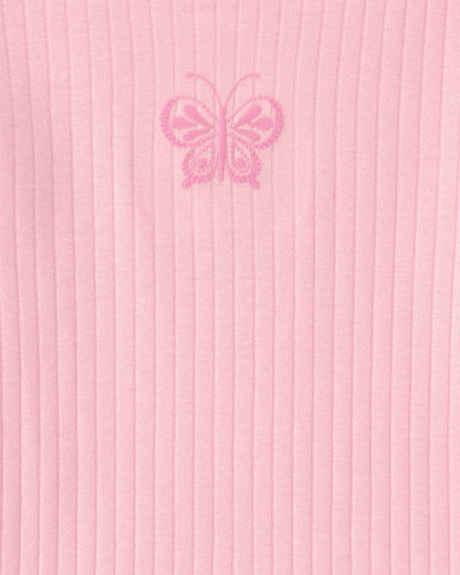 Girls Butterfly Rib Snug Fit 2-Piece Pajama Set - Pink