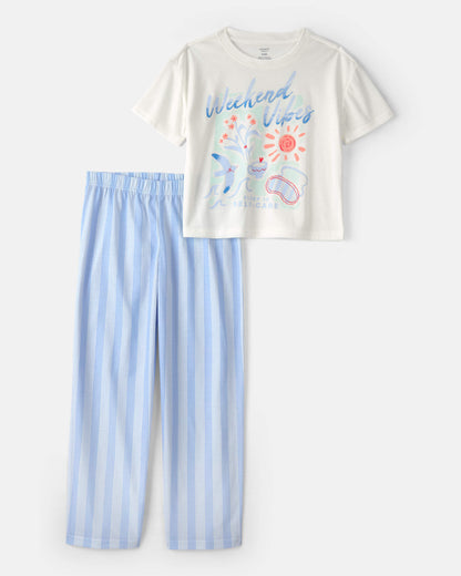 Girls 'Weekend Vibes' Striped Loose Fit 2-Piece Pajama Set - Blue/Ivory