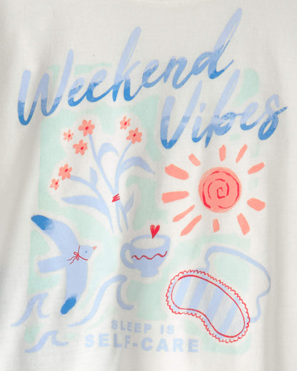 Girls 'Weekend Vibes' Striped Loose Fit 2-Piece Pajama Set - Blue/Ivory