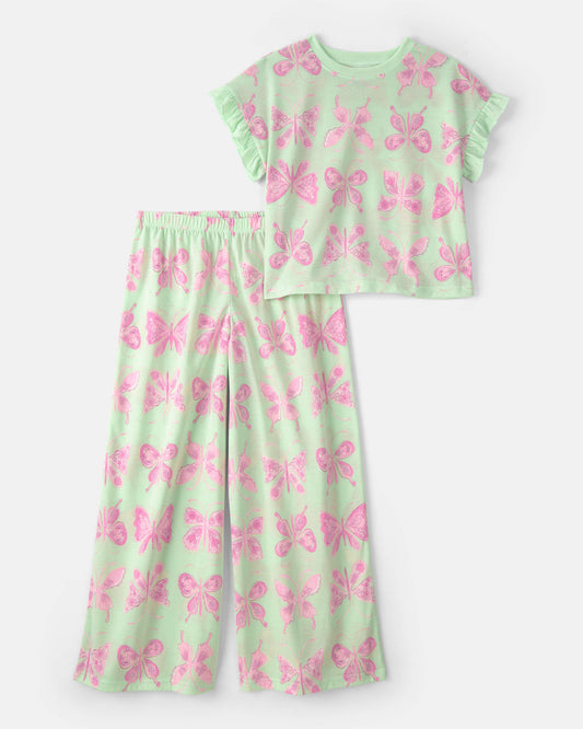 Girls Butterfly Loose Fit 2-Piece Pajama Set - Green