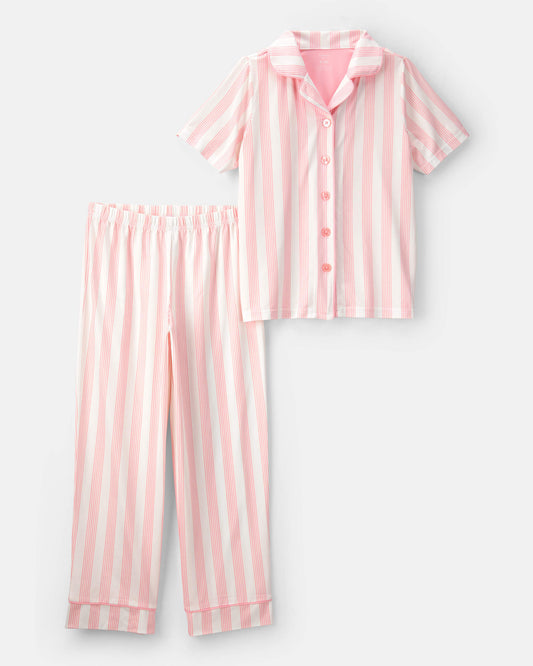 Girls Striped Loose Fit 2-Piece Pajama Set - Pink/Ivory