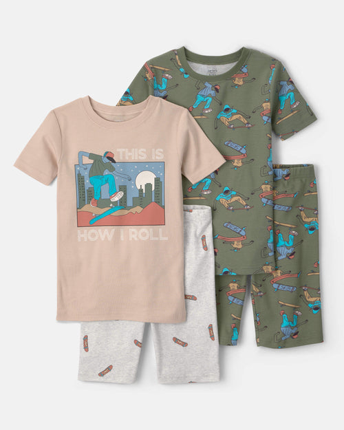 Boys Skateboard Cotton Short-Sleeve Snug Fit 4-Piece Pajama Set - Green/Brown