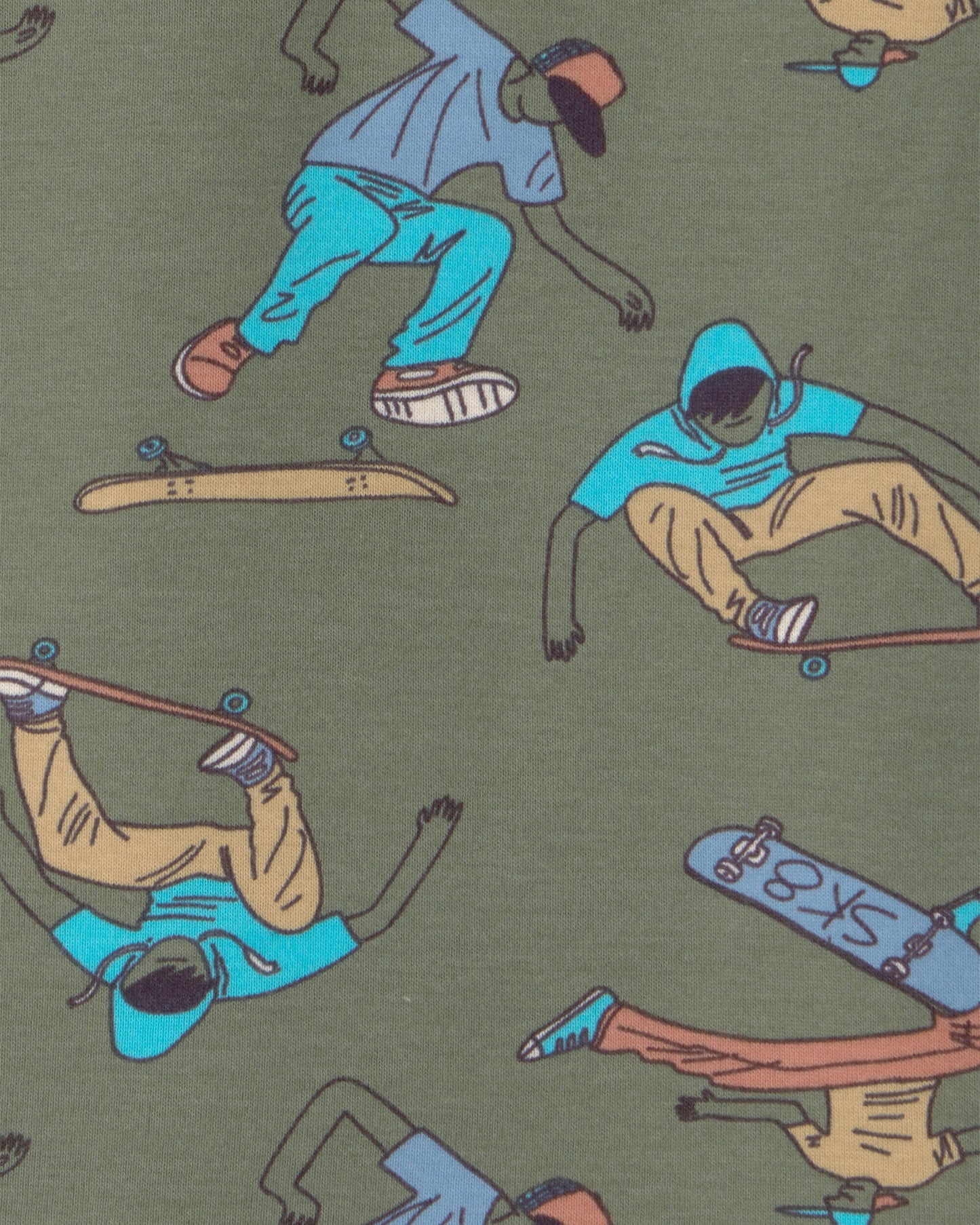 Boys Skateboard Cotton Short-Sleeve Snug Fit 4-Piece Pajama Set - Green/Brown