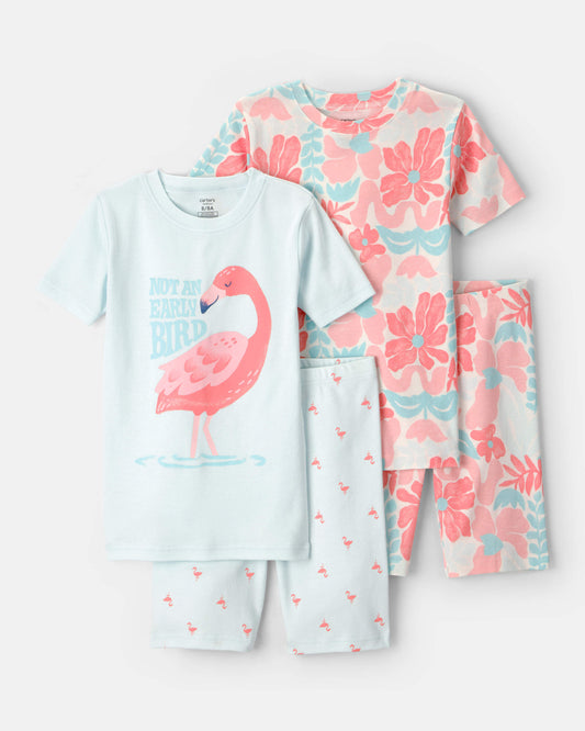 Girls Flamingo 100% Cotton Short-Sleeve Snug Fit 4-Piece Pajama Set - Pink/Blue
