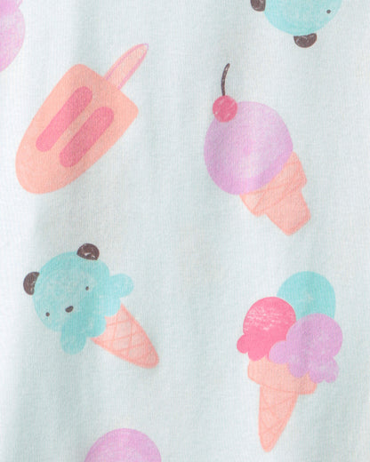 Girls Ice Cream 100% Cotton Short-Sleeve Snug Fit 4-Piece Pajama Set - Pink/Blue