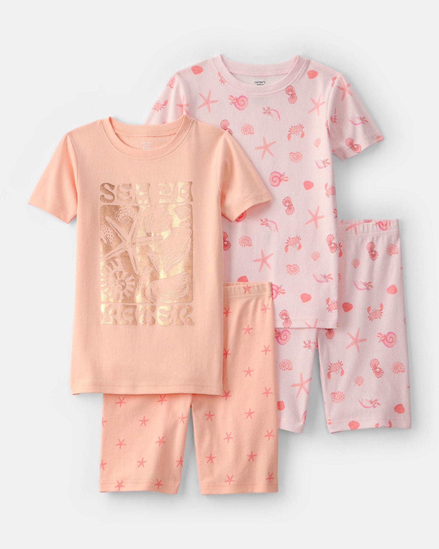 Girls Seashells 100% Cotton Short-Sleeve Snug Fit 4-Piece Pajama Set - Pink/Orange