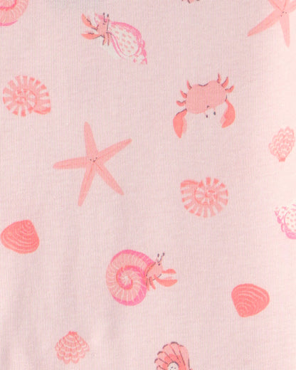 Girls Seashells 100% Cotton Short-Sleeve Snug Fit 4-Piece Pajama Set - Pink/Orange