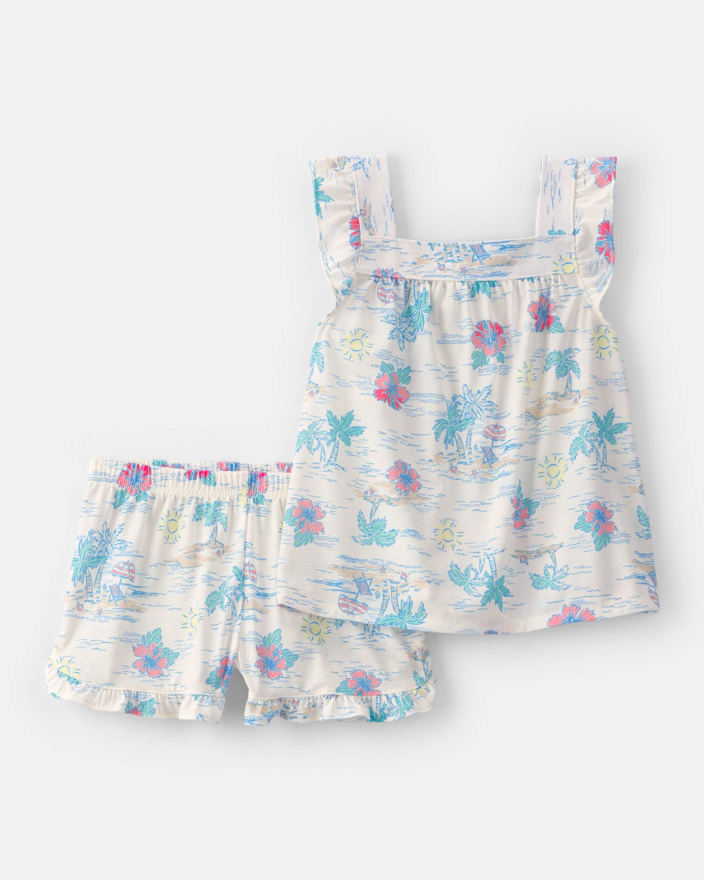 Girls 2-Piece Tropical Beach Sleeveless Loose Fit 2-Piece Pajama Set