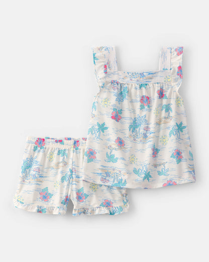 Girls 2-Piece Tropical Beach Sleeveless Loose Fit 2-Piece Pajama Set