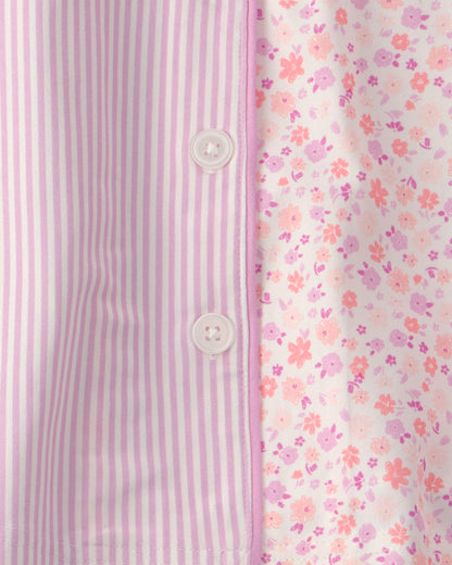 Girls Floral Stripe Short-Sleeve Loose Fit 2-Piece Pajama Set - Pink