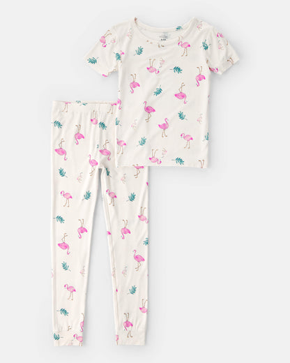 Girls Flamingo PurelySoft Short-Sleeve Snug Fit 2-Piece Pajama Set - Ivory