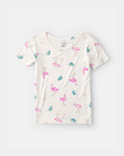 Girls Flamingo PurelySoft Short-Sleeve Snug Fit 2-Piece Pajama Set - Ivory